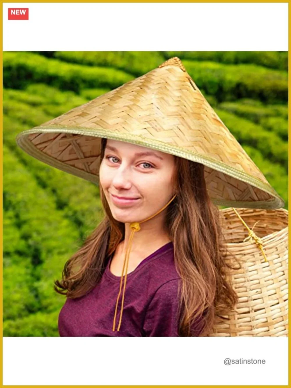 6 Pack Traditional Bamboo Conical Sun Hats with Chin Strap for Outdoor